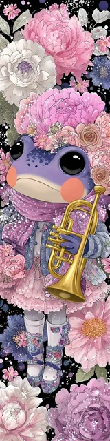 Free kawaii frog bookmark featuring purple kawaii frog with a trumpet